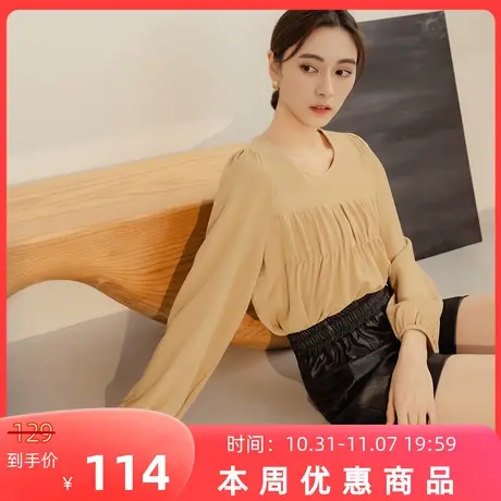 桔熊秋冬季通勤温柔不易皱圆领泡泡袖修身抽皱上衣女大码AB19141图片