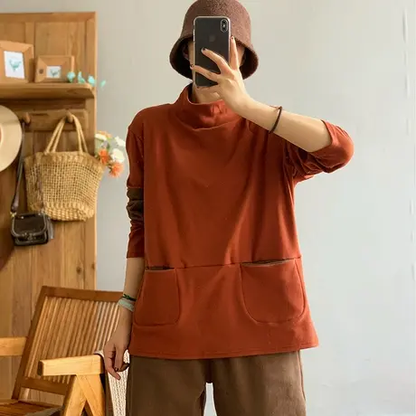 dza复古纯棉双面绒保暖T恤女秋冬洋气内搭高领打底衫休闲宽松上衣商品大图