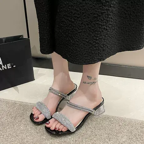 2023年新款夏季两穿粗跟凉鞋女一字带仙女风中跟水钻高跟凉拖鞋女商品大图