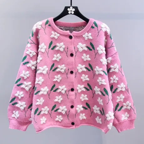 复古日系重工刺绣花朵毛衣外套女秋冬2023新款宽松慵懒风针织开衫商品大图
