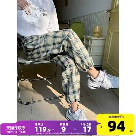 yoe休闲裤女蓝白格子裤运动裤抽绳宽松长裤设计感小众裤子小个子商品大图
