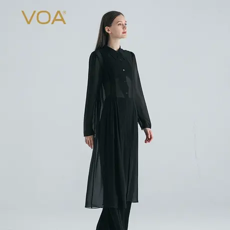 VOA桑蚕丝乔其墨黑色POLO领长袖风琴褶不对称设计中长款真丝外套图片