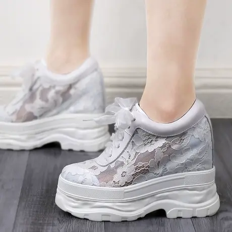 婚纱神器松糕鞋女厚底坡跟旅游休闲单鞋透气网面内增高小白鞋11CM商品大图