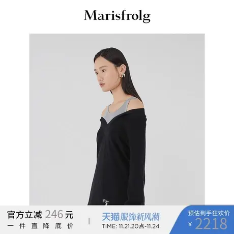 【商场同款】玛丝菲尔秋季黑色假两件V领毛针织衫商品大图