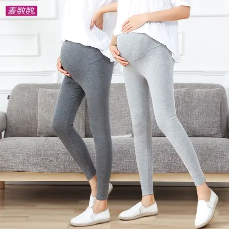 孕妇九分裤春季托腹薄弹力棉潮妈打底裤女可调节松紧腰高腰大红商品大图