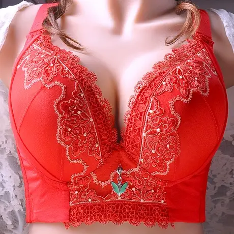 红色胖mm大码文胸内衣女大罩杯无钢圈收副乳胸罩上托薄款调整型CD商品大图