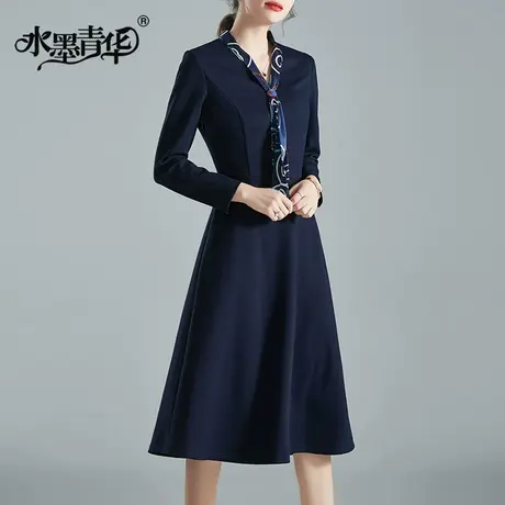 【1件7.9折】秋新品时尚系带V领显瘦修身中长款大摆打底连衣裙图片