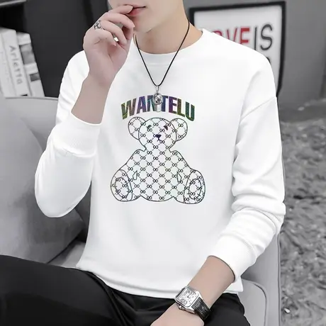 男士卫衣春秋款加绒宽松潮流小熊印花长袖t恤白色无帽圆领上衣服商品大图