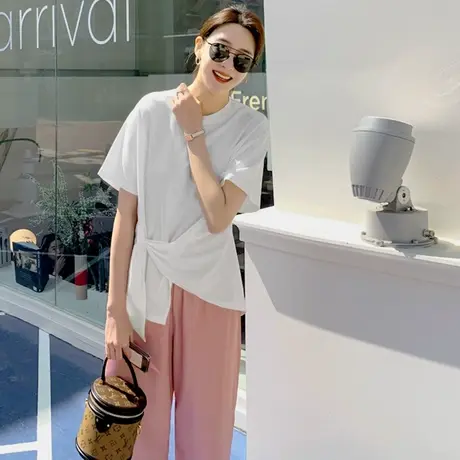 夏装短袖T恤女夏交叉系带纯色韩版不规则打结收腰打底韩版上衣潮商品大图