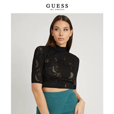 GUESS女士短款别致半高领蕾丝印花针织衫WGPKB商品大图