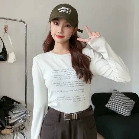 尔给美式小众小个子别致气质短款上衣女秋季2023新款杏色正肩t恤商品大图