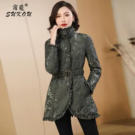 洋气带花边军绿色短款羽绒服女2024冬装时尚外套白鸭绒保暖外套女图片