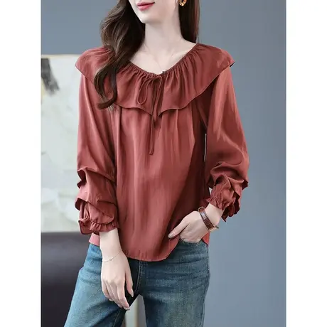 宝诗黎荷叶边一字肩雪纺衫2024春季新款纯色宽松上衣时尚减龄女装商品大图