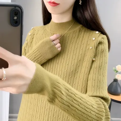 半高领毛衣女麻花打底衫2023秋冬新款套头内搭上衣加厚外穿针织衫商品大图