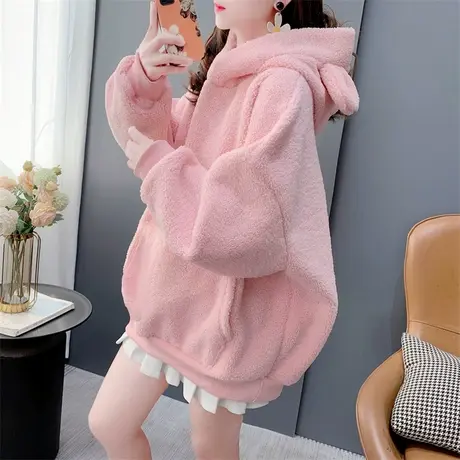 高级感加绒加厚羊羔毛卫衣外套女秋冬新款宽松慵懒风百搭保暖上衣商品大图