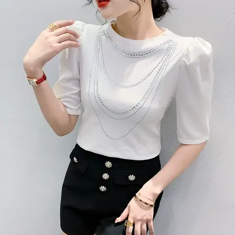 欧货泡泡袖T恤女2024夏新款时尚洋气五分袖上衣气质重工烫钻小衫图片