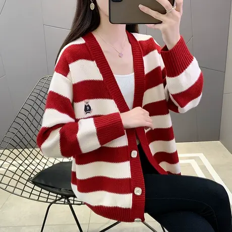 2023年新款秋季针织开衫女V领条纹宽松外套韩版洋气针织衫女上衣商品大图