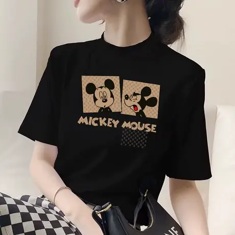 黑色半高领短袖T恤女装夏季2025新款体恤宽松纯棉印花上衣ins潮牌商品大图