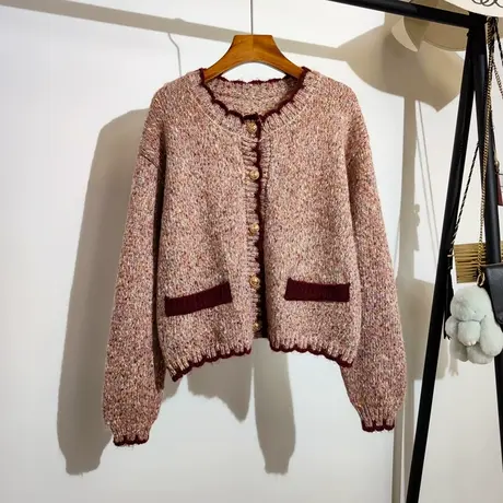 小香风毛衣外套女秋冬新款宽松圆领复古百搭气质针织开衫长袖上衣商品大图