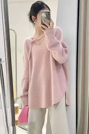2023秋冬新款设计感V领飘带侧扣温柔慵懒风毛衣女针织衫外穿上衣商品大图