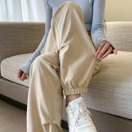 杏色美式复古工装裤女秋季新款高腰显瘦抽绳休闲阔腿直筒运动裤子商品大图