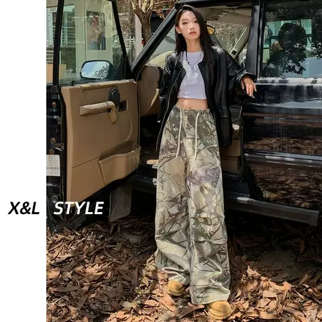 美式迷彩工装裤女春秋季新款显瘦直筒宽松休闲裤抽绳束脚阔腿裤子图片