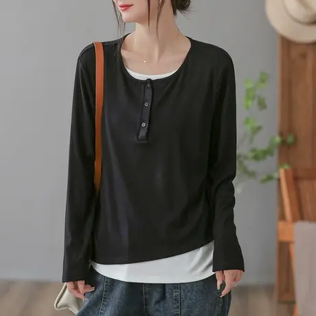 dza复古拼接撞色圆领长袖t恤女春秋内搭上衣宽松休闲假两件打底衫商品大图