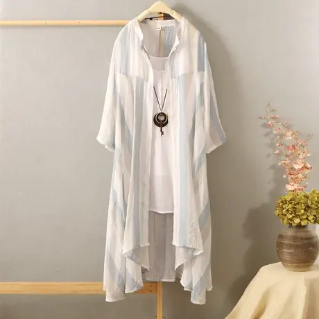 新品夏季新款户外沙滩防晒服中长款立领条纹防晒衣中袖宽松薄开衫图片