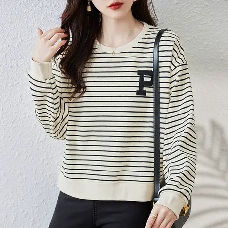 条纹长袖卫衣女春秋季新款宽松加大码女装中年妈妈减龄显瘦打底衫商品大图