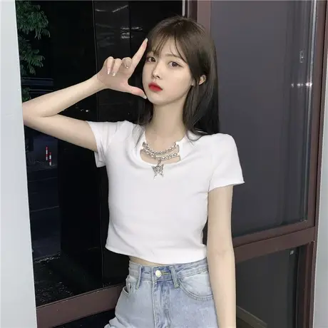 泫雅风修身短款上衣女夏设计感欧美洋气百搭显瘦紧身白色短袖t恤图片