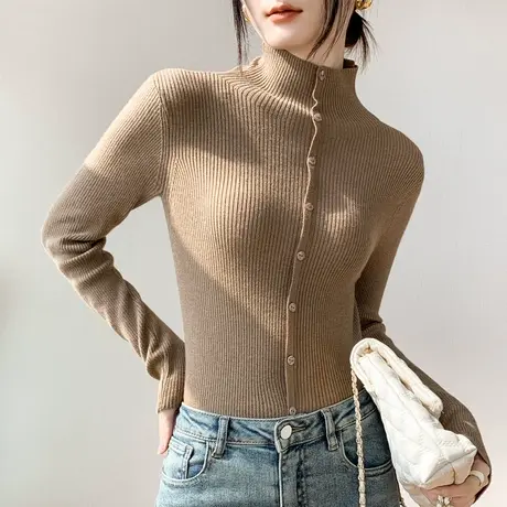 韩版单排扣半高领羊毛打底衫女2023春季新款洋气修身开衫内搭上衣图片