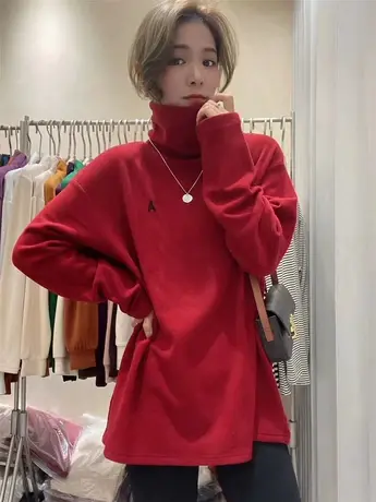 2023新款中长款高领德绒打底衫女装秋冬欧货洋气大版磨毛加厚T恤图片