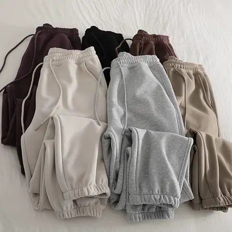 ins超火运动跑步长裤女秋冬加绒加厚宽松韩版高腰休闲阔腿束脚裤图片