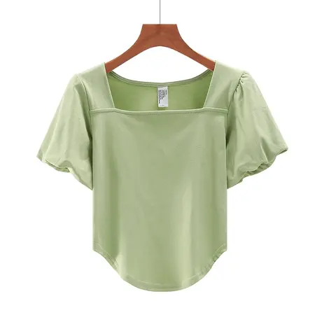 夏季新款韩版方领修身纯棉纯欲短款泡泡袖短袖体恤上衣内搭女打底商品大图