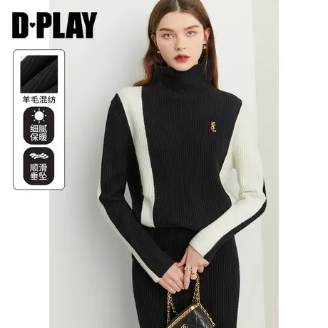 DPLAY秋装新时尚个性黑拼白高领落肩定制金属标装饰套头毛衣商品大图