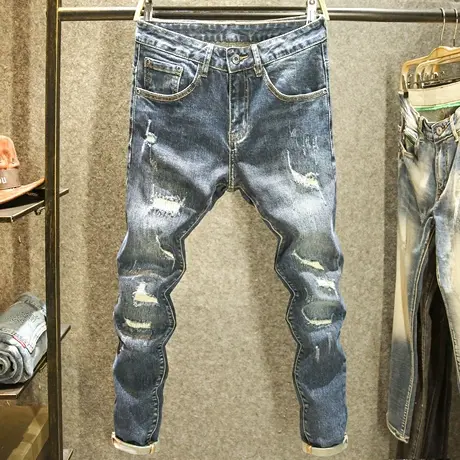 手工破洞修身裤子男潮牌刮烂猫爪乞丐裤秋季潮牌小脚深色牛仔裤男商品大图
