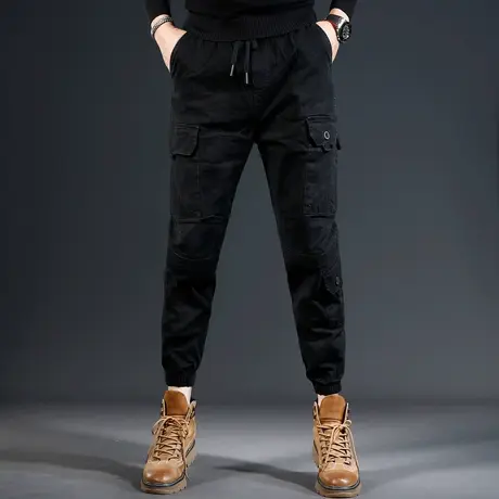 黑色工装裤男2023秋冬新款潮流修身束脚男士松紧腰百搭休闲裤厚款商品大图