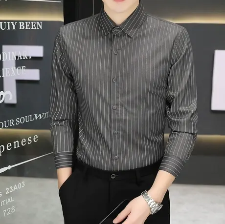春秋季新款高级感男士长袖衬衫商务正装休闲条纹衬衣修身帅气寸衫图片