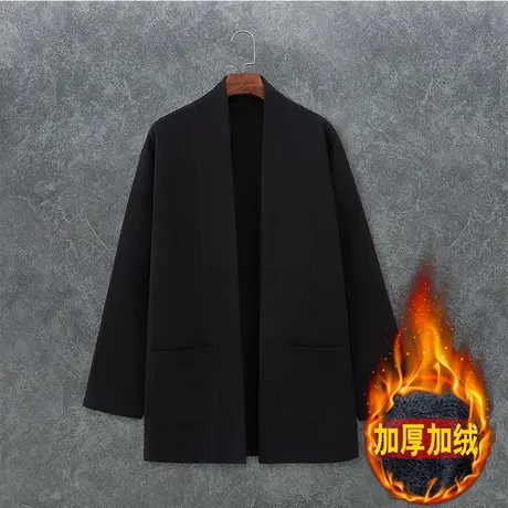 加绒加厚冬季男夹克衣服宽松中国风无扣开衫男装复古保暖外套上衣商品大图