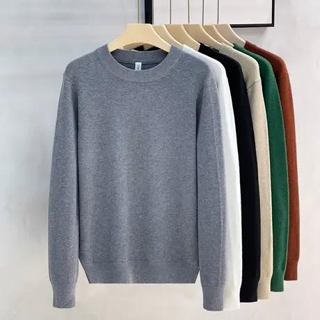 厚实宽松含羊毛肌理感毛衣男2023秋冬季打底纯白色百搭圆领针织衫图片