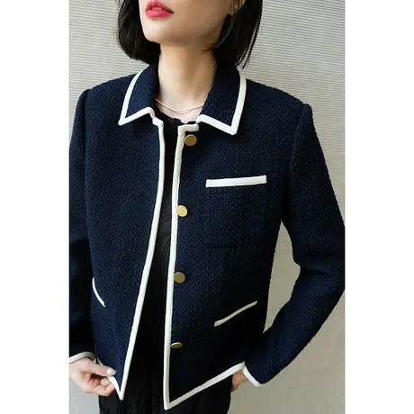 2023秋冬新款外套复古优雅全包边百搭粗花呢%70羊毛女士短外套女商品大图