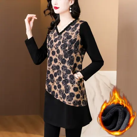 中长款加绒打底衫女冬季2023年新款大码胖MM遮肉女上衣洋气妈妈装商品大图