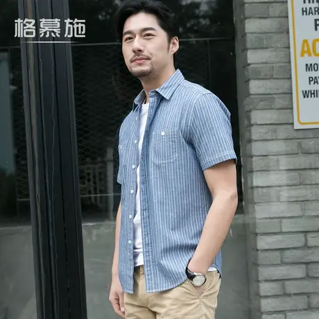 条纹日系复古条纹美式工装衬衫男士短袖大码纯棉休闲衬衣青年港风图片