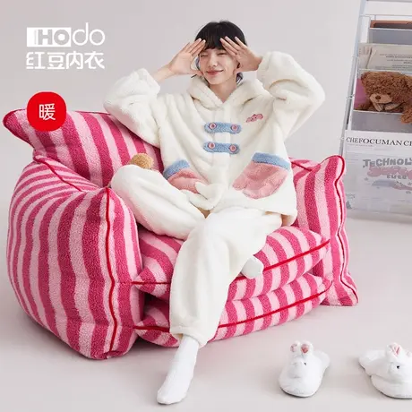 红豆睡衣女泡泡绒冬款加厚法兰绒可外穿珊瑚绒女士保暖家居服套装商品大图