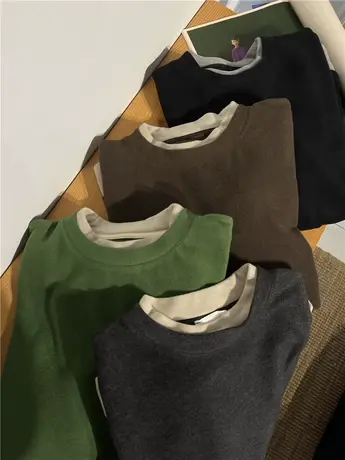 复古撞色 假两件套 双面德绒 宽松显瘦加厚打底衫长袖T恤女2023冬商品大图