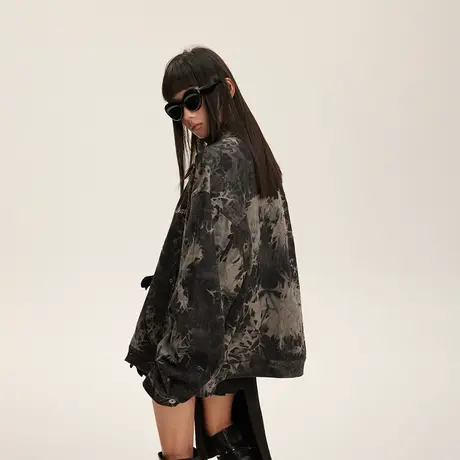 设计感复古扎染牛仔外套女春秋2024新款潮牌宽松oversize夹克上衣商品大图