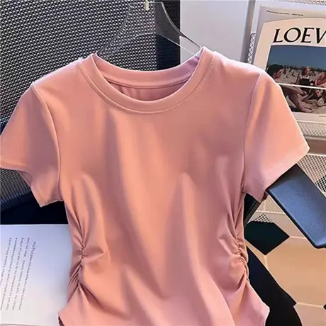 甜辣妹设计感褶皱收腰不规则女士上衣短袖夏圆领套头显瘦百搭T恤商品大图