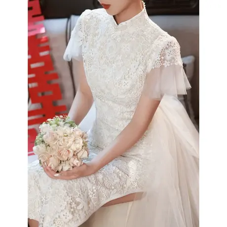 白色蕾丝旗袍敬酒服2023新娘结婚轻婚纱订婚礼服连衣裙夏季蝴蝶结商品大图