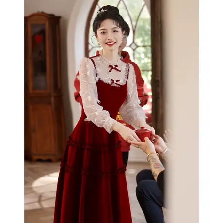 订婚礼服红色敬酒服2024新款新娘结婚当天穿便装冬季长袖平时可穿商品大图