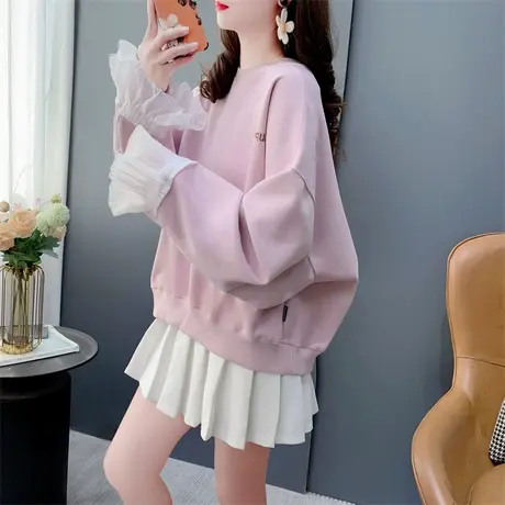 设计感蕾丝拼接圆领卫衣女春季2024新款宽松慵懒风小个子洋气上衣商品大图